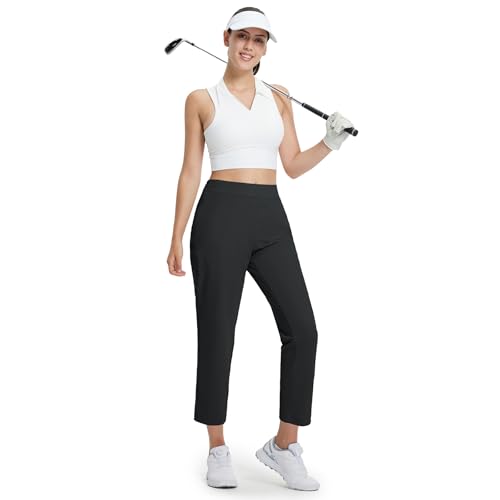 Women's Golf Pants with Zip Pockets - 7/8 Ankle Lightweight Stretch Athletic Trousers - Large / Black