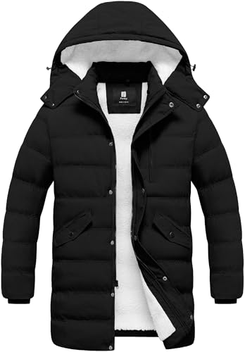 Pursky Men's Long Winter Coat XL Black Sherpa Lined Waterproof Puffer Jacket