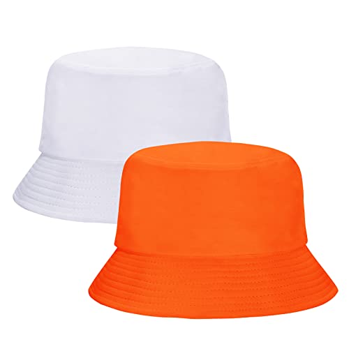 Rosoz Bucket Hat for Women Men Summer Travel Beach Sun Hat 2 Pack - White & Orange
