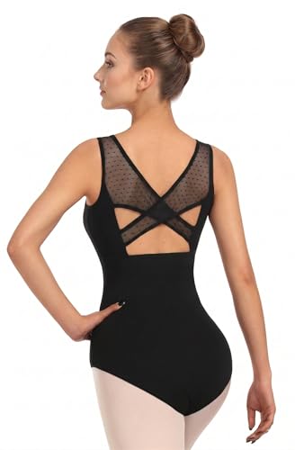 Women Ballet Lace Short Sleeve Dance Leotard Tank - Small Black Mesh