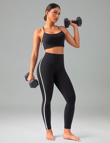 High Waist Yoga Leggings with Contrast Trim - Black, Large, 25" Inseam