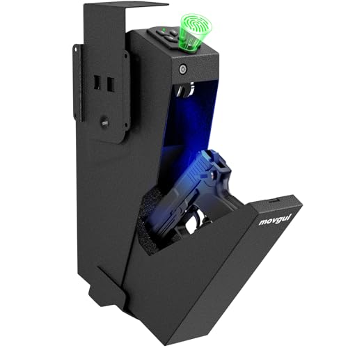 Biometric Drop-Down Bedside Gun Safe - 3 Access Methods, Mountable Pistol Safe for Nightstand, Desk, Car - No LCD