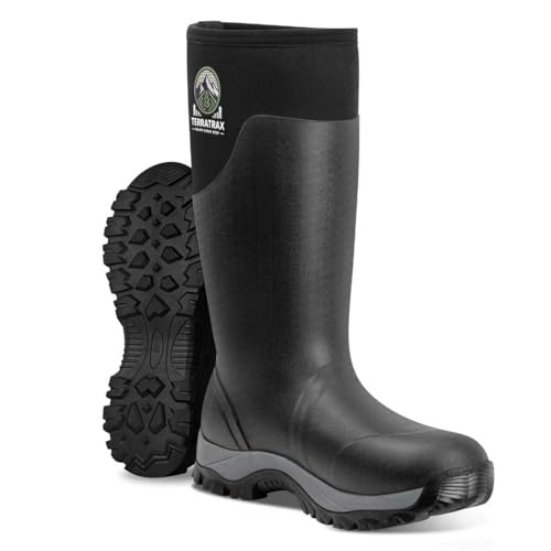 Men's Waterproof Rubber Mud Boots Black 10 TerraTrax Farm Work Concrete