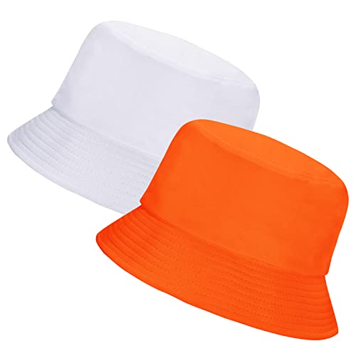 Rosoz Bucket Hat for Women Men Summer Travel Beach Sun Hat 2 Pack - White & Orange