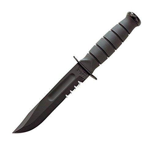 Fixed Blade Hunting and Survival Knife 5.25" Partially Serrated Blade - Black Powder Coated, Kraton Handle