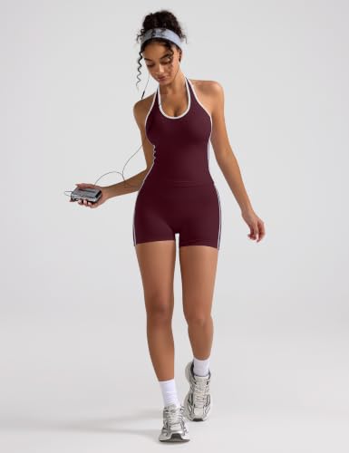 Women’s Workout Sets 2 Piece Halter Crop Top & Scrunch Butt Shorts - Plum Medium