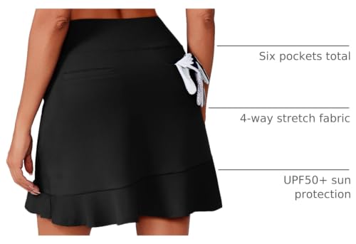 Large Black 18-Inch Golf Skorts for Women with 6 Pockets - Athletic Ruffle Skirt