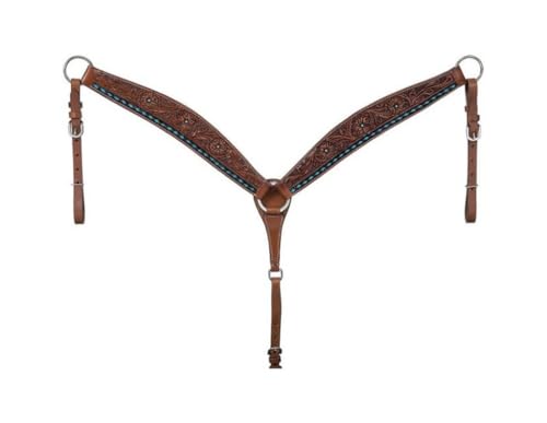 Tough 1 Turquoise Buckstitch Leather Horse Breastcollar with Hand-Tooling