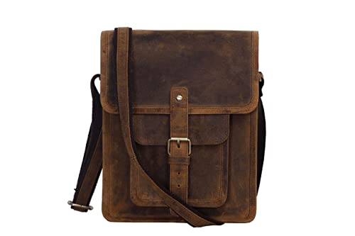 Distressed Tan Leather Crossbody Messenger Bag for Men & Women - 11 Inch Tablet Bag with Front Pocket