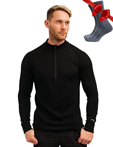 Men's Merino.tech Black Large Half Zip Merino Wool Sweater - Thermal Base Layer