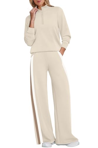 Women 2 Piece Lounge Set - Small Beige Travel Sweatsuits Wide Leg Pants