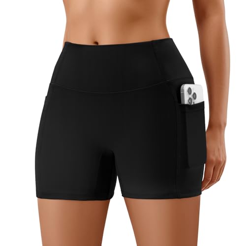 Women's High Waist Biker Shorts with Pockets - No Front Seam Yoga Shorts Black Medium Variation