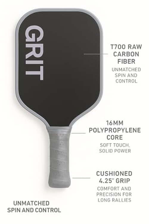 GRIT Carbon Control Pickleball Paddle – T700 Carbon Fiber Face, 16mm Polypropylene Core, Lightweight Paddle for Spin, Power & Control