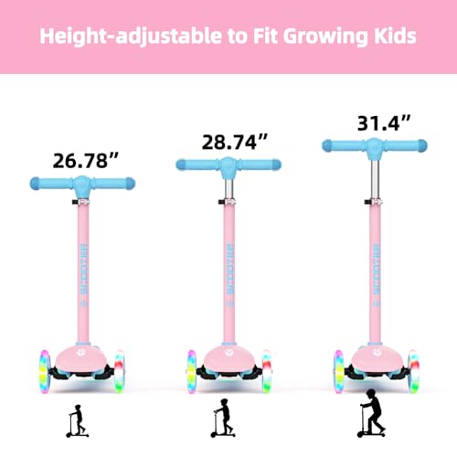 Pink Kids Scooter with Light-Up Wheels & Adjustable Height, 3-Wheel Toddler Ride-On