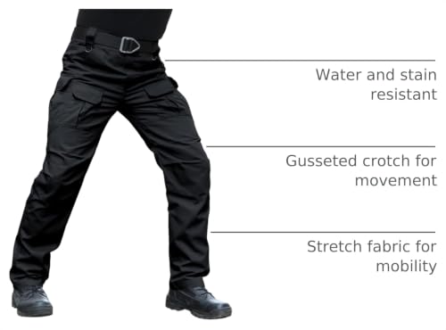 Men's Stretch Tactical Cargo Pants 34W x 32L Water-Resistant Ripstop Outdoor Pants - Black