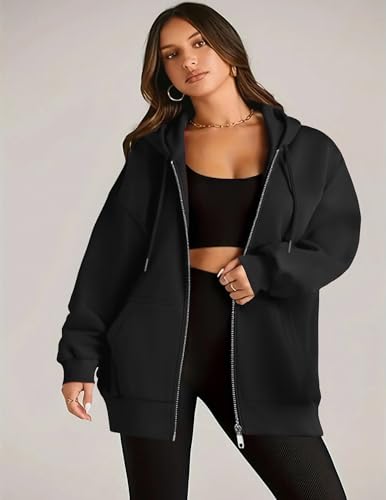 Zeagoo Women's Oversized Zip-Up Hoodie Fleece Jacket - Black, XX-Large