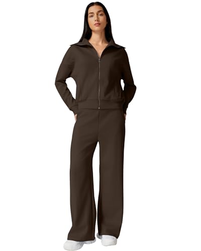 Women's Cotton 2 Piece Sweatshirt & Wide Leg Pants Tracksuit Set - Large / Brown