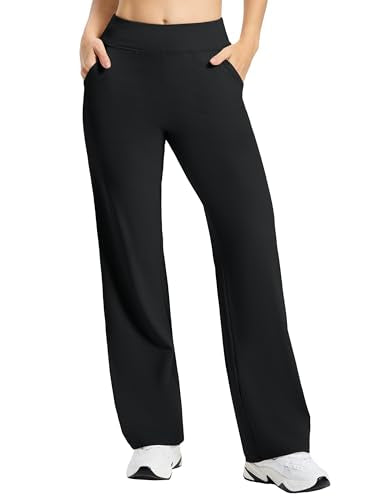 Petite Women's Wide Leg Yoga Pants - High Waist Stretch Lounge Sweatpants with Pockets - Short Black