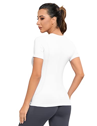 MathCat Women's Compression Workout Shirts Black & White XL - Soft Seamless Gym Top for Running