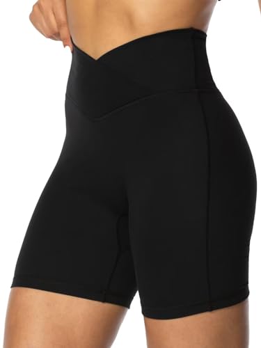 Sunzel Women's High Waist Crossover Biker Shorts - 6-Inch Inseam, Medium, Black