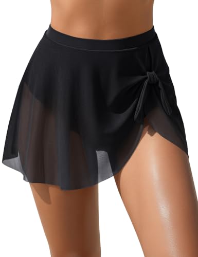 Women’s High Waisted Mesh Swim Skirt with Tie Knot - Large Black