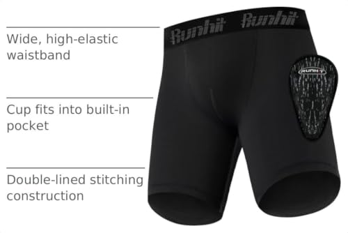 Boys Baseball Football Compression Shorts with Protective Cup - Black, Medium