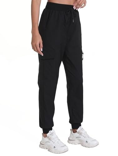 Women's Lightweight Cargo Hiking Pants with Pockets - Large, Dark Black, Elastic Leg Openings