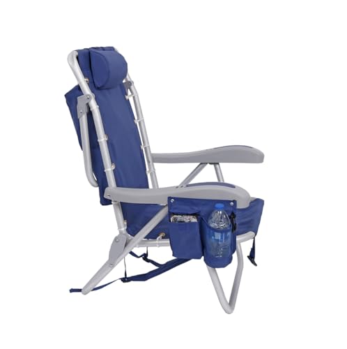 BeachMall Navy Heavy Duty Aluminum Folding Beach Chair with Cooler - 11-inch Seat Height, 5 Recline Positions, Backpack Design