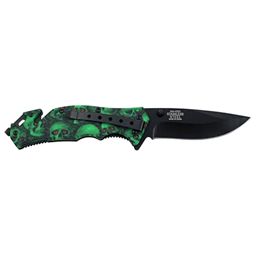 Master USA Spring Assist Folding Knife - Green Skull Camo Handle, Rescue Utility
