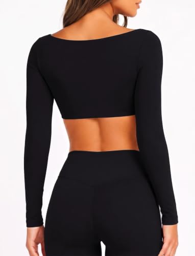 Women Square Neck Cropped Long Sleeve Workout Top with Built-in Bra - Small Black