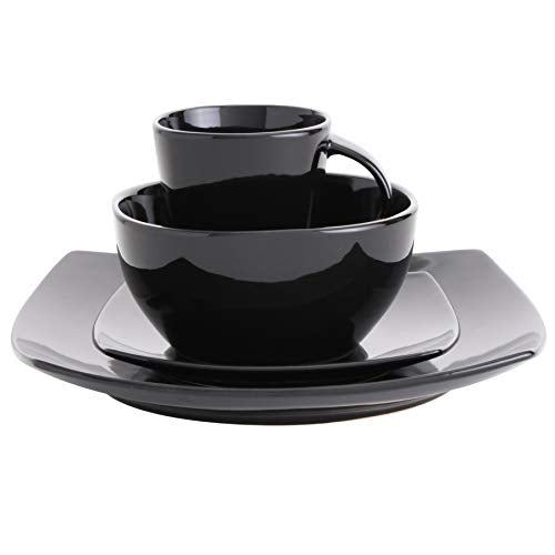 Gibson Elite Soho Lounge Square Reactive Glaze Stoneware Dinnerware Set for 4, Black, 16 pcs