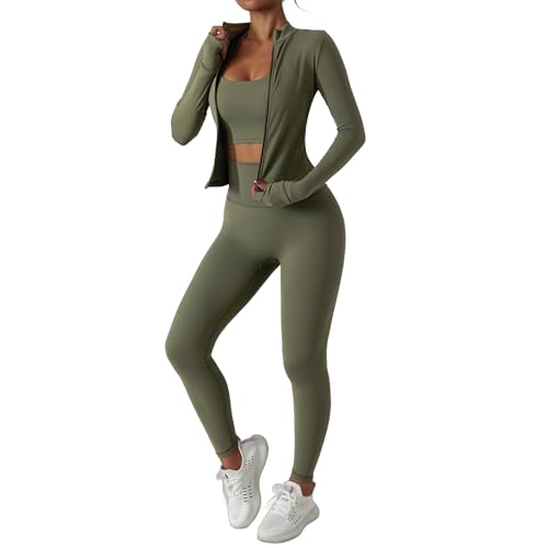 Green Women's 3 Piece Workout Set - Sports Bra, Leggings & Jacket with Thumbholes – Yoga & Gym Activewear