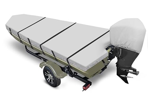 14 ft Waterproof Boat Cover for Jon Boats with Motor Cover - Gray / Fits Beam Up to 70 in