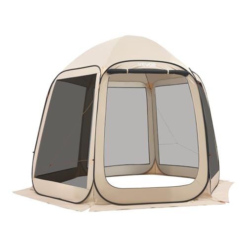 Beige Pop-Up Screen House Tent 10 x 9.2 ft for 4-8 People, Portable Mesh Gazebo with Carry Bag