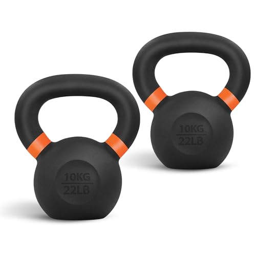 Orange Powder Coated Kettlebell 9-88 lb - Solid Cast Iron, Wide Handle, Non-Slip Base