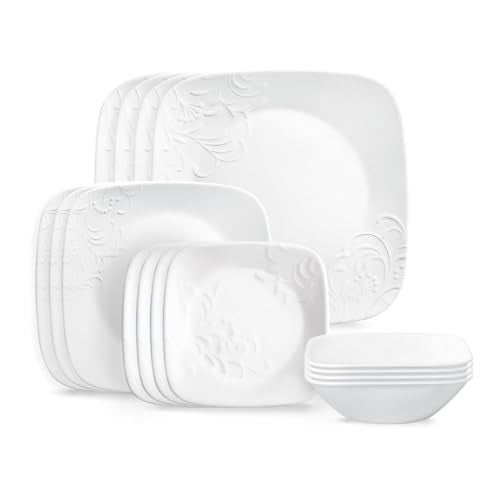 Corelle Cherish 16-Piece Dinnerware Set for 4, White, Chip-Resistant, Microwave & Dishwasher Safe