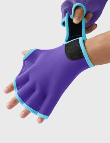 Water Resistance Swim Gloves for Aquatic Training - Purple/Teal Medium