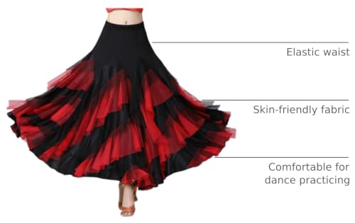 Women’s Ballroom Latin Dance Skirt - Long Tiered Swing Skirt with Elastic Waist, One Size - Black & Red