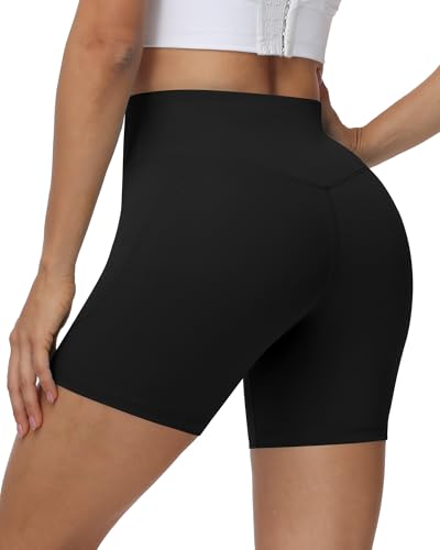 Women’s High Waist Biker Shorts - 3/5/8 Inch Spandex Tummy Control Yoga Workout Black Large