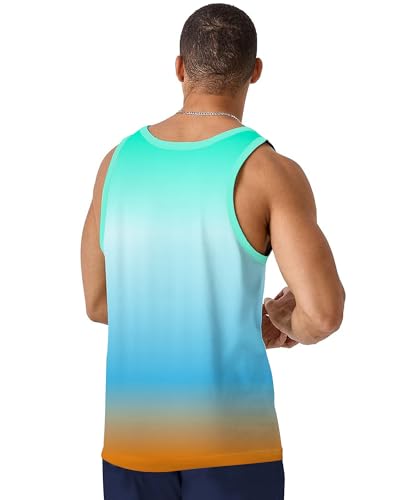 Mens Beach Tank Top – Blue X-Large Graphic Palm Tree Sleeveless Shirt for Summer Vacation & Workout