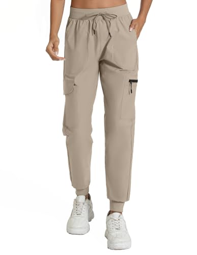 Women's Lightweight Cargo Hiking Pants with Pockets, Elastic Leg Opening, Large Size - Apricot