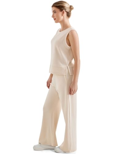 Women’s 2-Piece Lounge Set - Wide Leg Sweatpants & Sleeveless Top, Medium Apricot