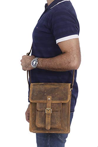 Distressed Tan Leather Crossbody Messenger Bag for Men & Women - 11 Inch Tablet Bag with Front Pocket