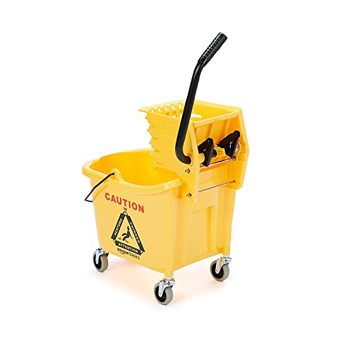 35-Quart Commercial Mop Bucket with Side-Press Wringer on Wheels - Yellow