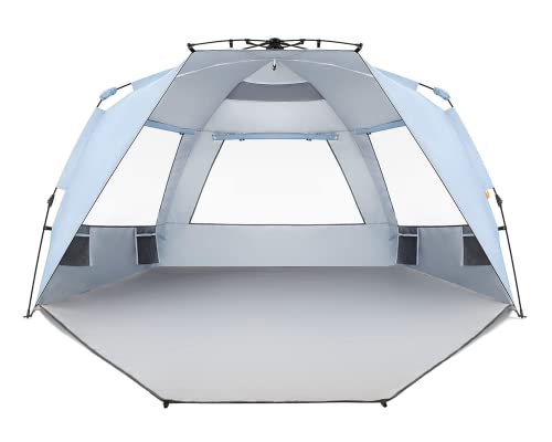 Instant Shader Enhanced Beach Tent - Sky Blue, 4-6 Person, UPF 50+ Sun Shelter with Extended Porch