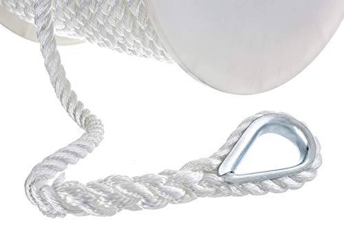 Seachoice 1/2 Inch x 200 Ft White Nylon Anchor Line Rope - 3-Strand Twisted, Galvanized Steel Thimble