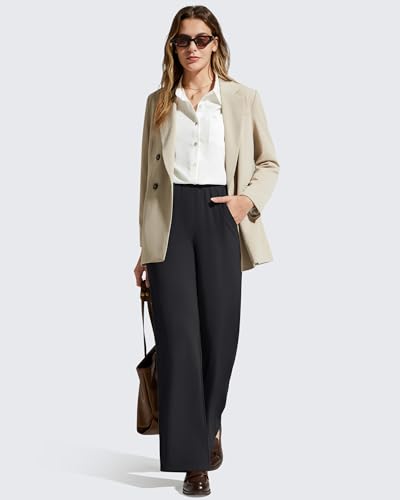 Petite Fit Women's Wide Leg Casual Pants with Elastic Waist and Pockets - Black