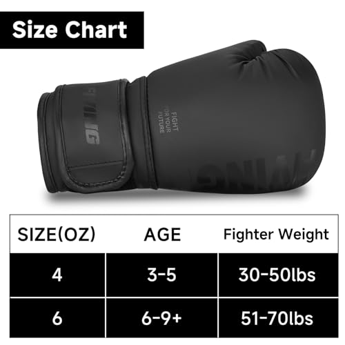 Kids Boxing Gloves - Black, 6oz for Youth Kickboxing & Training