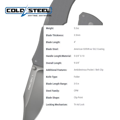 Cold Steel Recon 1 Folding Knife Clip Point Plain Edge 4-Inch S35VN Blade