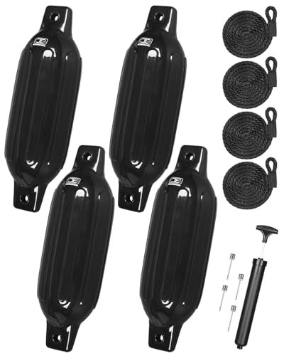 Black 8.5 x 27 Inch Inflatable Boat Fenders Pack of 4 with Ropes & Pump